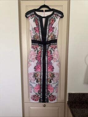 Ted Baker White Pink Floral Midi Dress with Black Trim